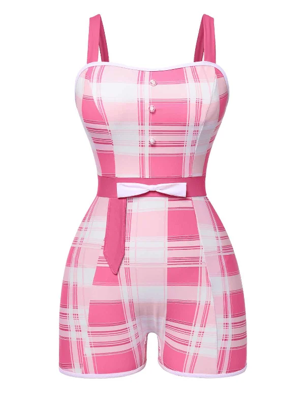 Pink 1950s Strap Plaids Bow One-Piece Swimsuit Comfortable Tankini Set