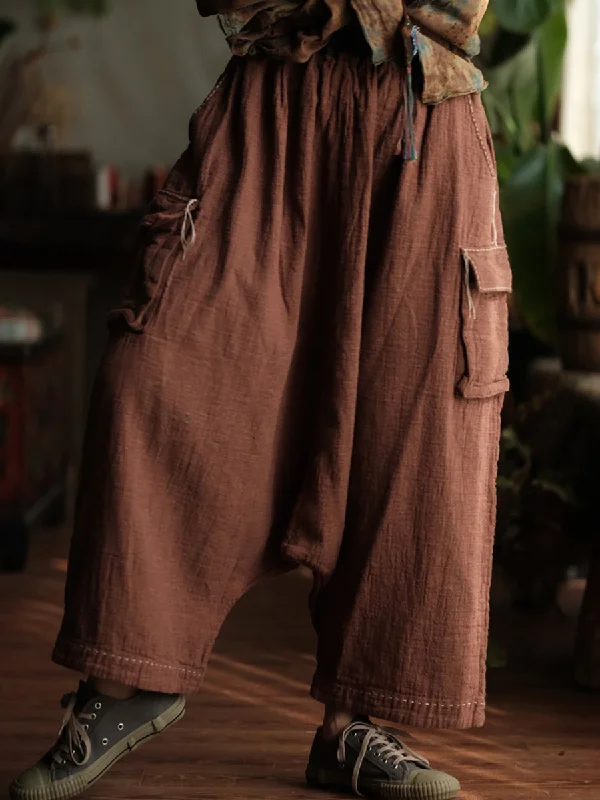 Women Spring Retro Pure Color Cotton Stitching Wide-leg Pants Casual Drawstring Pants