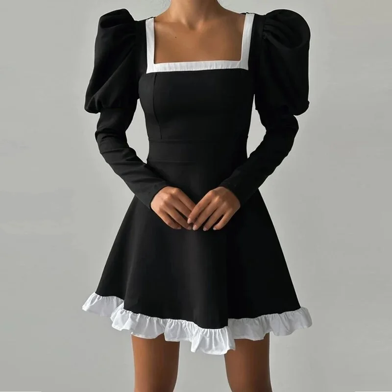 Advbridge Spring Autumn Waist Slim Female Dress Sexy Women Puff Sleeve Ruffles Dresses French Lady Square Collar Pleat Party Dress Tunics Vintage classic Advbridge Spring Autumn Waist Slim Female Dress Sexy Women Puff Sleeve Ruffles Dresses French Lady Square Collar Pleat Party Dress Tunics Vintage classic