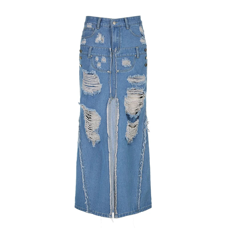 Denim Blue Tassels Pockets Skirt chiffon skirt delicate
