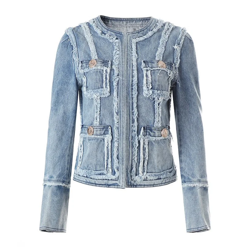 Early Spring Trendy Personality Design Stitching Washed Denim As Old Tassel Jacket Metal Buckle Casual Style Good Match Plaid Jacket Tartan Jacket Houndstooth Jacket Early Spring Trendy Personality Design Stitching Washed Denim As Old Tassel Jacket Metal Buckle Casual Style Good Match Plaid Jacket Tartan Jacket Houndstooth Jacket