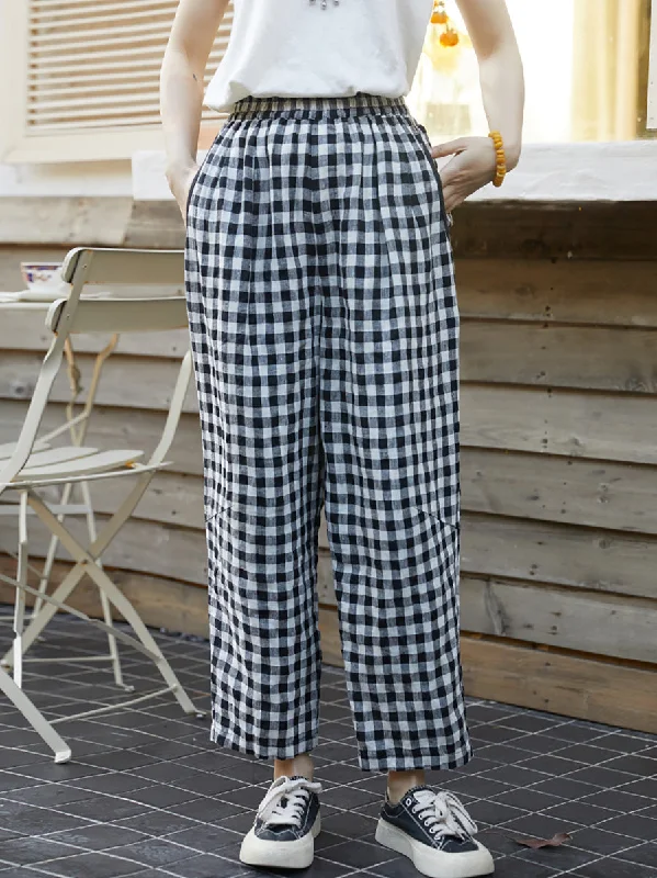 Women Spring Plaid Loose 100%Linen Harem Pants Comfortable Jogging Pants