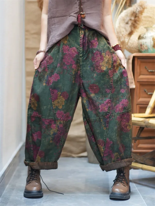 Women Spring Retro Flower Cotton Harem Pants Stylish Casual Pants