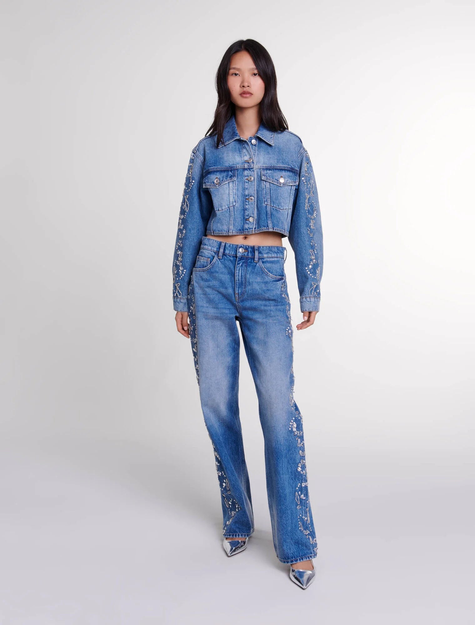 Embroidered denim jacket Boat Neck Shawl Collar Notched Collar