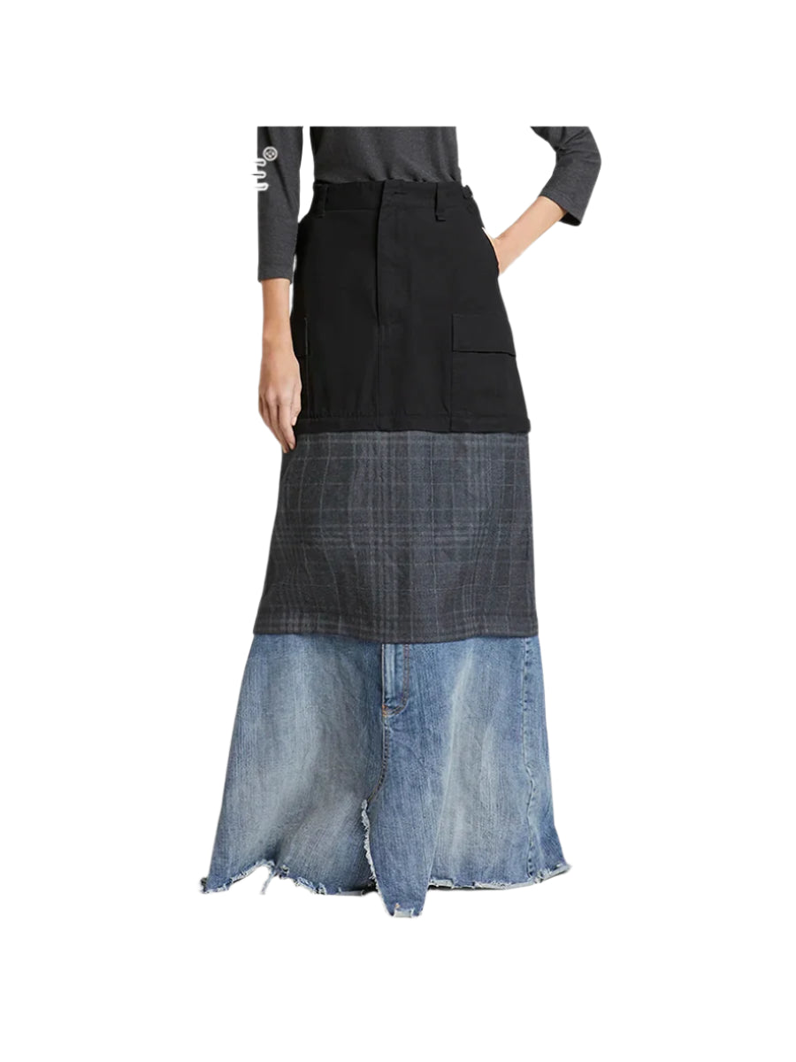 Patchwork Denim Bottom Zipper Skirt lace skirt intricate