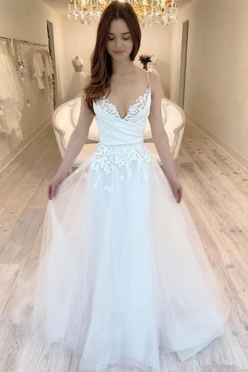 Lace Spaghetti Straps Wedding Gowns with A-line Tulle Skirt chiffon skirt flowing