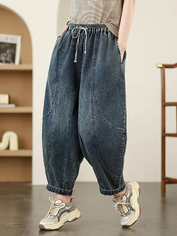 Women Spring Casual Denim Spliced Harem Pants Soft Cotton Pants