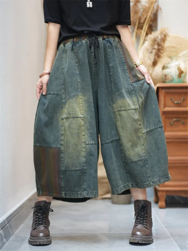Women Spring Patch Spliced Denim Wide-leg Pants Soft Sweatpants Style