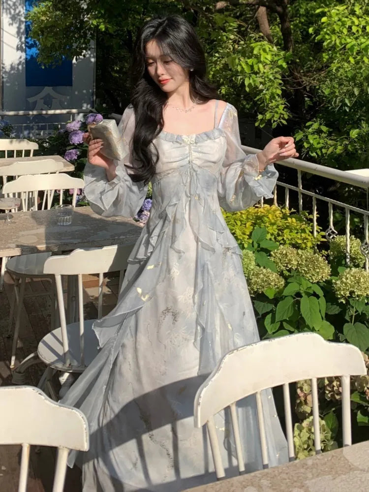 Advbridge Autumn French Print Fairy Long Dresses for Women Elegant Off Shoulder Ruffles A-Line Birthday Party Dress One Piece Vestidos New Tunics Occasion special
