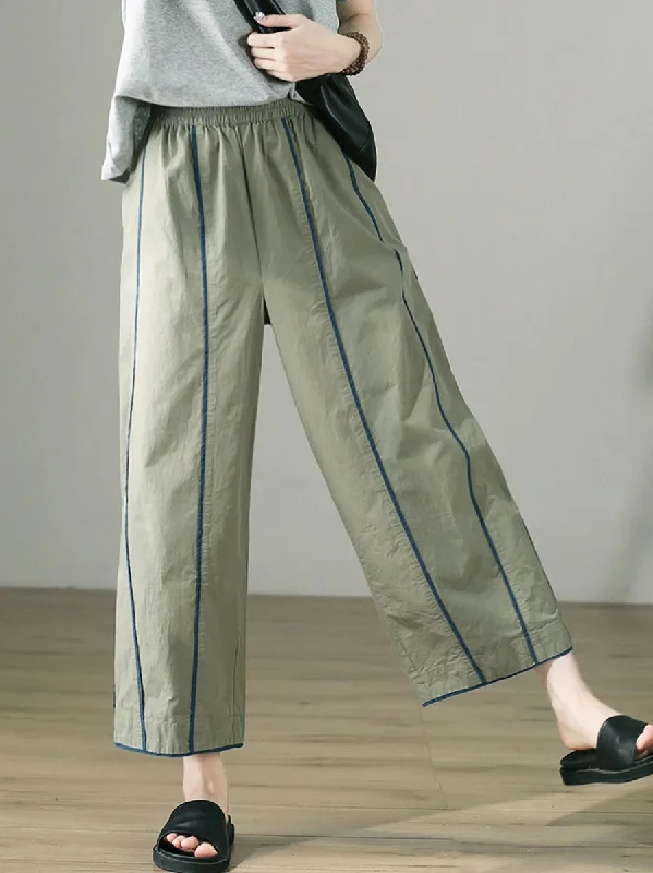 Women Spring Casual Colorblock 100%Cotton Wide-leg Pants Trendy Printed Pants