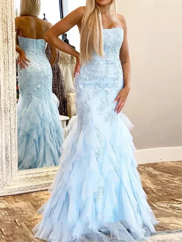 Strapless Mermaid Blue Lace Long Prom Dresses, Blue Mermaid Lace Formal Evening Party Dresses Pencil Length Work Strapless Mermaid Blue Lace Long Prom Dresses, Blue Mermaid Lace Formal Evening Party Dresses Pencil Length Work