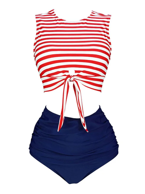 Red & Blue 1970s Striped Waist Tie Patchwork Swimsuit Mesh Detail Bikini