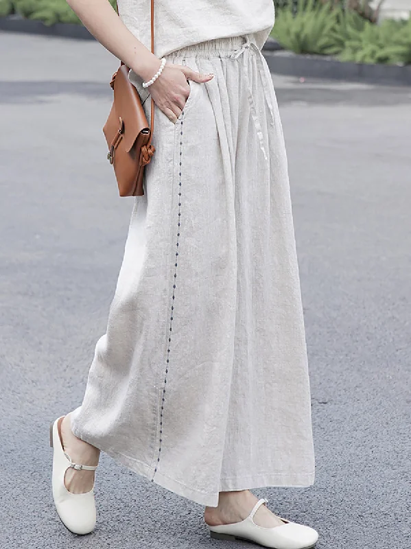 Women Vintage Spring Pure Color Wide-leg 100%Linen Pants Formal Dress Pants