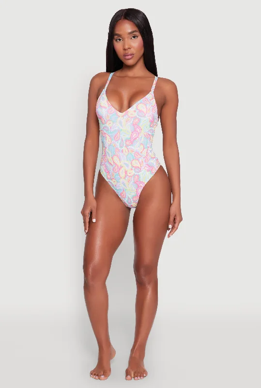 Border Print One Piece Swimsuit Mesh Swimsuit Top