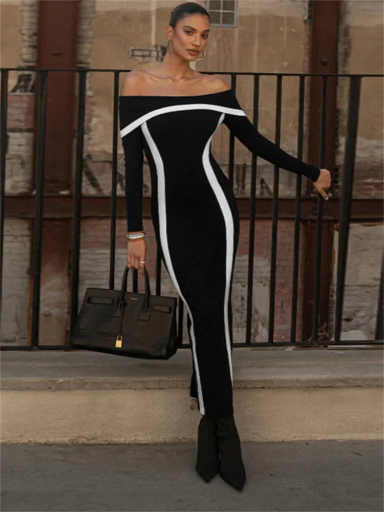 Advbridge Off-Shoulder Contrast High Waist Long Dress For Women Slim Casual Bandage Elegant Party Dress Female Y2k Maxi Dress 2024 Tunics Brand named Advbridge Off-Shoulder Contrast High Waist Long Dress For Women Slim Casual Bandage Elegant Party Dress Female Y2k Maxi Dress 2024 Tunics Brand named