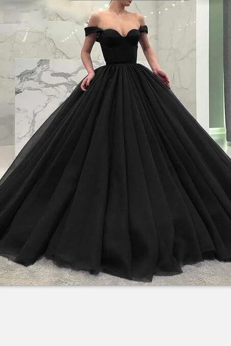 Off-the-shoulder Black Prom Gown with Puffy Tulle Skirt zip skirt side