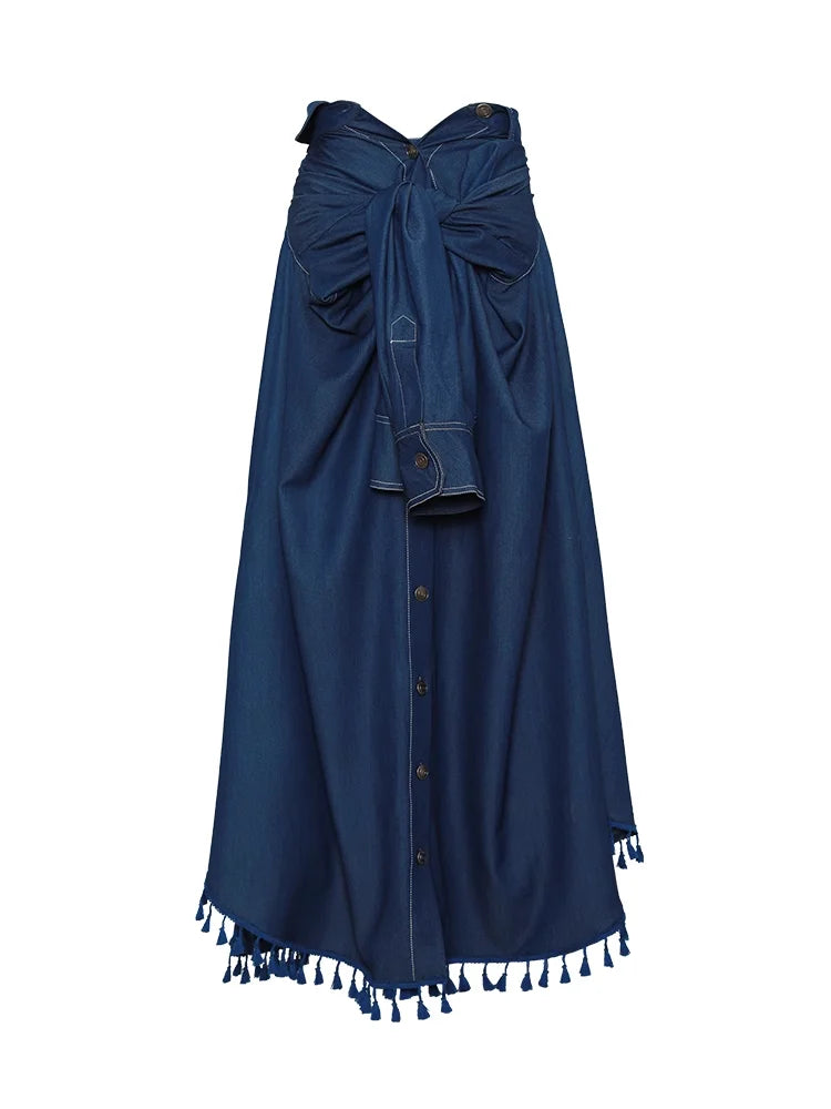 Long Maxi A-Line Denim Tassels Skirt cashmere skirt rich