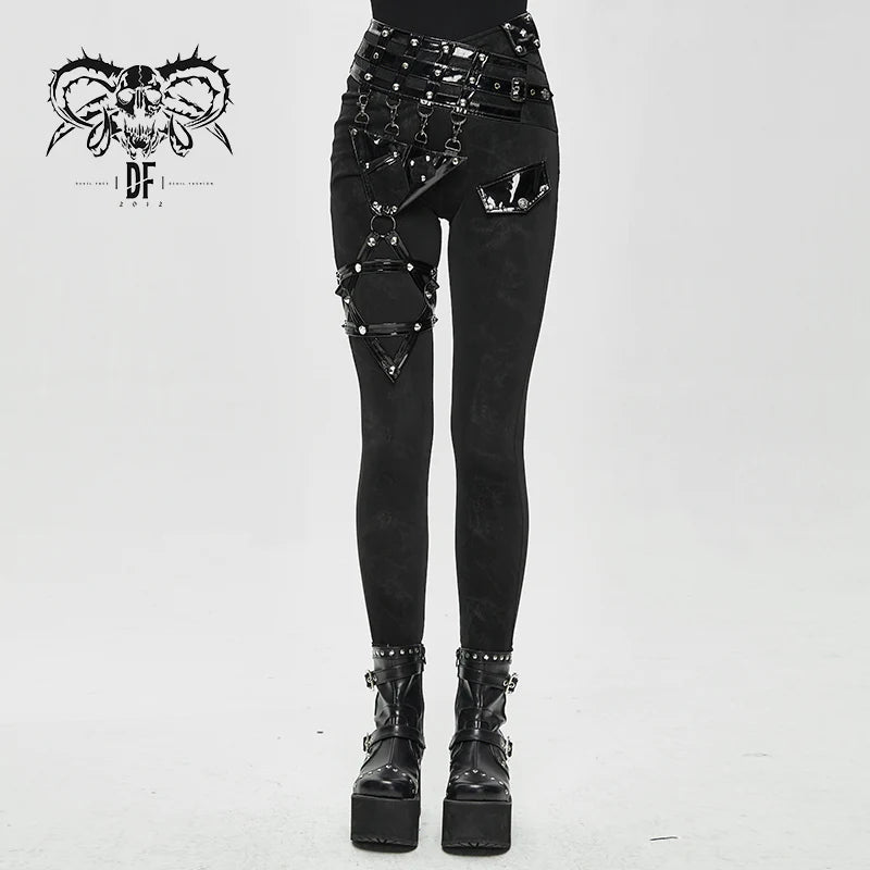 Black Pants w/ Vegan Patent Leather Straps and Removable Hexagram Thigh Detail Sleek Black Pants