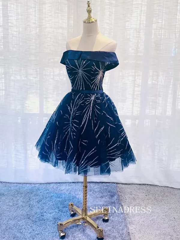 Dark Blue Off Shoulder Tulle Knee Length Party Dress Blue Homecoming Dresses #TKL2118 Tunics Sale discount Dark Blue Off Shoulder Tulle Knee Length Party Dress Blue Homecoming Dresses #TKL2118 Tunics Sale discount