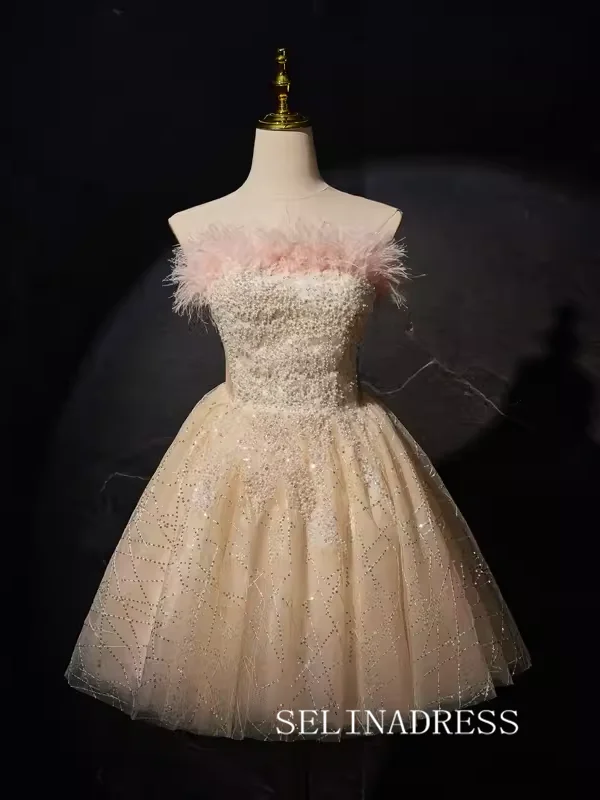 Champagne Beaded Homecoming Dresses Strapless Feather Party Dress #SEW1269 Tunics Exclusive limited Champagne Beaded Homecoming Dresses Strapless Feather Party Dress #SEW1269 Tunics Exclusive limited