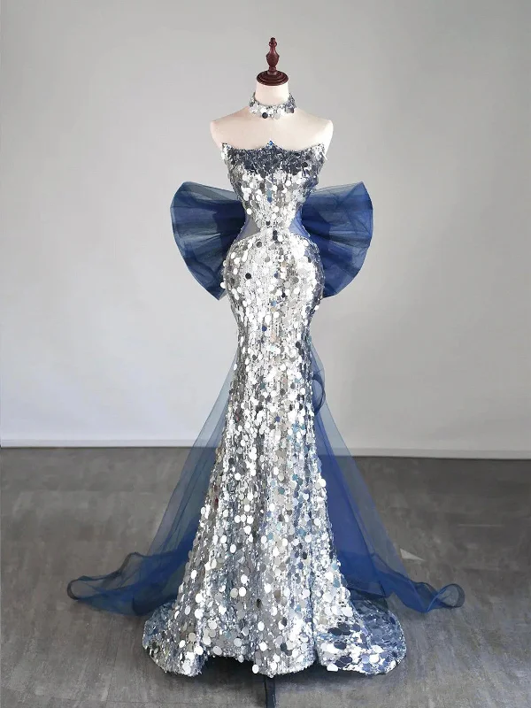 Simple Mermaid Tulle Sequin Blue/Silver Long Prom Dress, Blue/Silver Long Party Dress sweetheart Neckline Romantic Simple Mermaid Tulle Sequin Blue/Silver Long Prom Dress, Blue/Silver Long Party Dress sweetheart Neckline Romantic