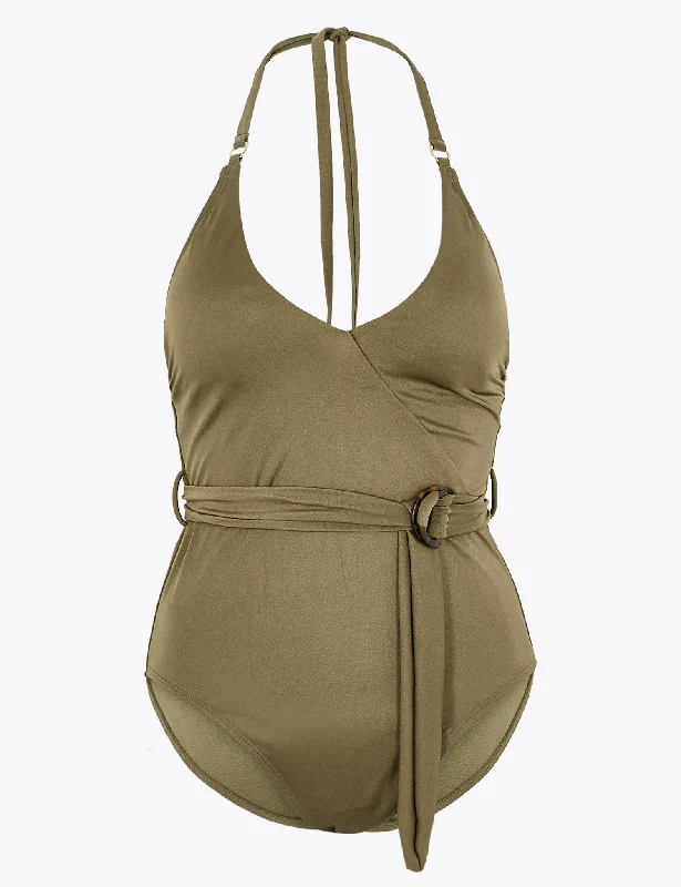 Belted Halter Neck Plunge Swimsuit Vibrant Bikini Bottoms