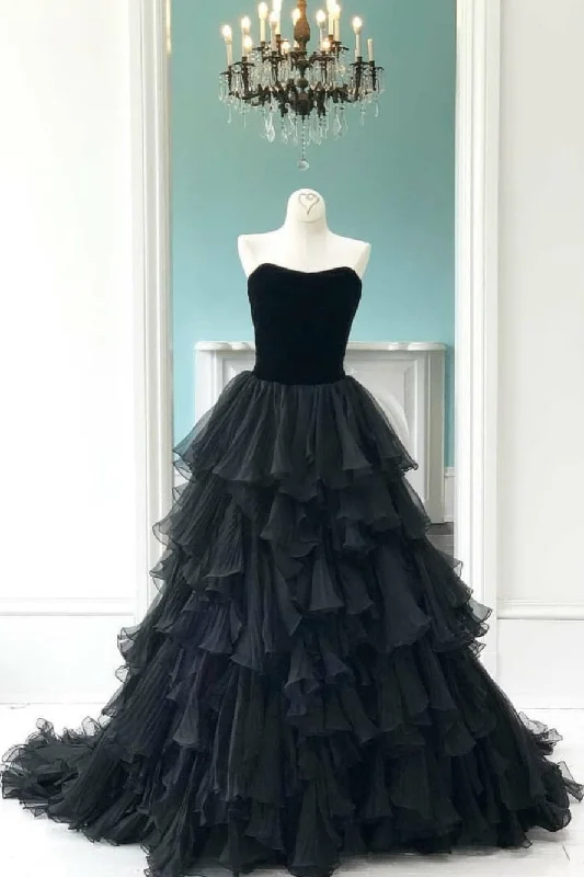 Velvet Strapless Black Prom Gowns with Pleated Tiered Skirt leather skirt bold
