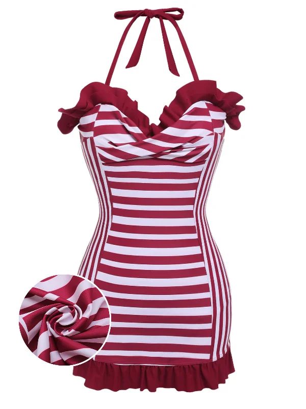 Wine Red 1950s Stripe Heart Collar Swimsuit Sleek Full Coverage