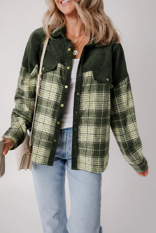 Button-Up Plaid Corduroy Jacket Zip Front Button Front Snap Front