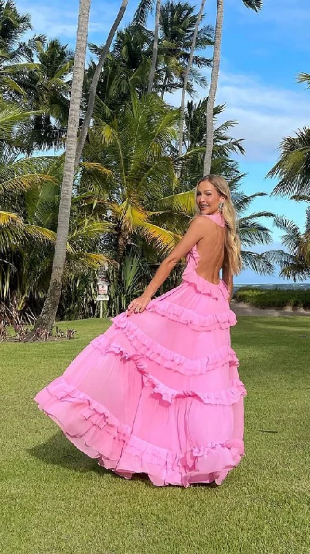 Pink V Neck Halter Ruffles A-Line Backless Long Prom Dress Party Dress,DP537 High-Low Hemline Casual Pink V Neck Halter Ruffles A-Line Backless Long Prom Dress Party Dress,DP537 High-Low Hemline Casual