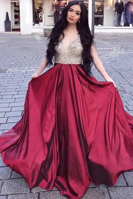 Rhinestones V-neckline Long Prom Gown Burgundy Skirt silk skirt luxurious
