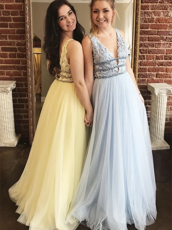 A Line V Neck Yellow/Light Blue Tulle Lace Prom Dresses, Lace Yellow/Light Blue Tull Long Formal Evening Party Dresses A-Line Day Work A Line V Neck Yellow/Light Blue Tulle Lace Prom Dresses, Lace Yellow/Light Blue Tull Long Formal Evening Party Dresses A-Line Day Work
