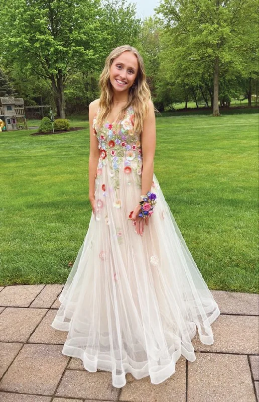 Floral Ivory A-Line Tulle Sleeveless Prom Dress Sweet Party Dress,DP349 Tunics Designer luxury Floral Ivory A-Line Tulle Sleeveless Prom Dress Sweet Party Dress,DP349 Tunics Designer luxury