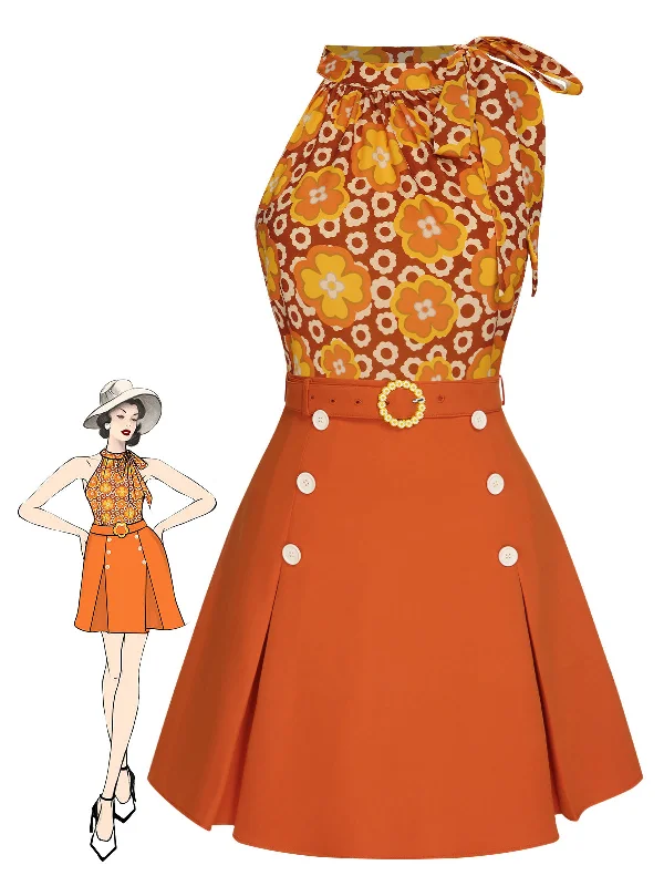 2PCS 1960s Tie Neck Floral Top & Button Solid Skirt high waist skirt