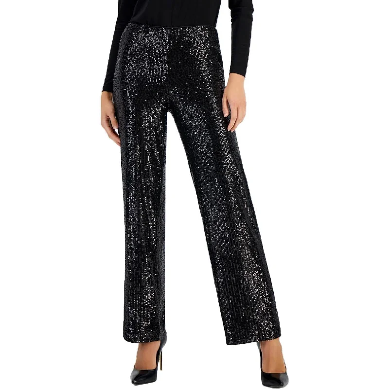 Anne Klein Womens Sequined  Wide Leg Pants Soft Cotton Pants