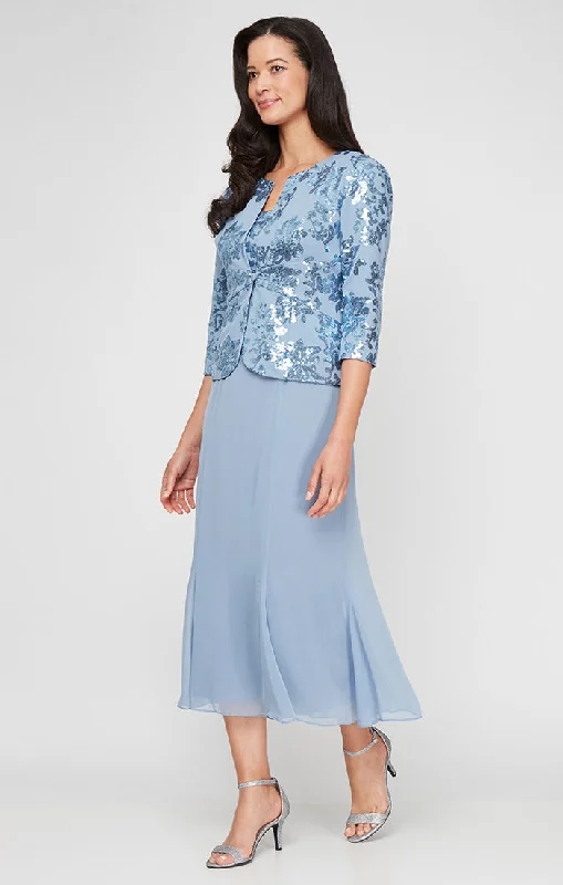 Tea Length Stretch Crepe Sequin Mock Jacket Dress with Square Neckline, Chiffon Skirt and Center Front Button Closure Jersey Jacket Tulle Jacket Batik Jacket Tea Length Stretch Crepe Sequin Mock Jacket Dress with Square Neckline, Chiffon Skirt and Center Front Button Closure Jersey Jacket Tulle Jacket Batik Jacket