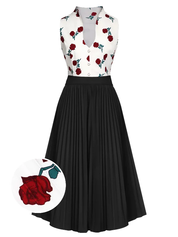 2PCS 1950s White Roses Top & Black Skirt flowy skirt hem