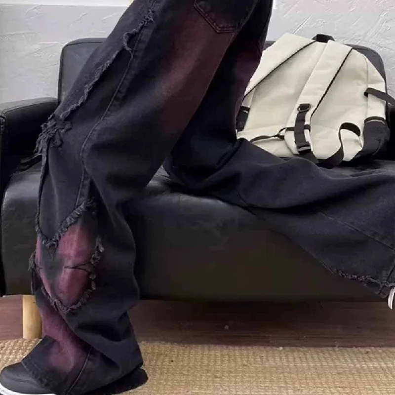 Vintage Black Butterfly High Rise Wide Leg Denim Pants Slim Fit Casual Pants