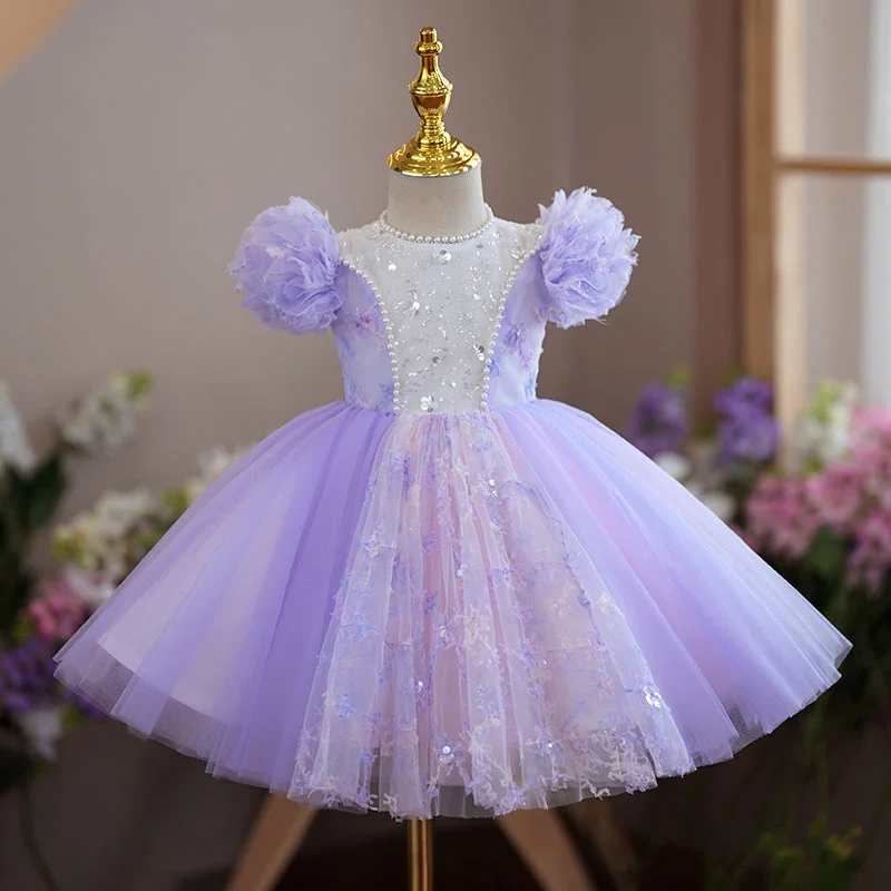 Toddler Prom Dress Girl Purple Puff Sleeves Birthday Party Dress Tunics Polka dots