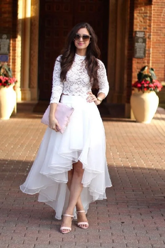 Lace Two-piece Wedding Gown with Organza High-low Skirt denim skirt casual
