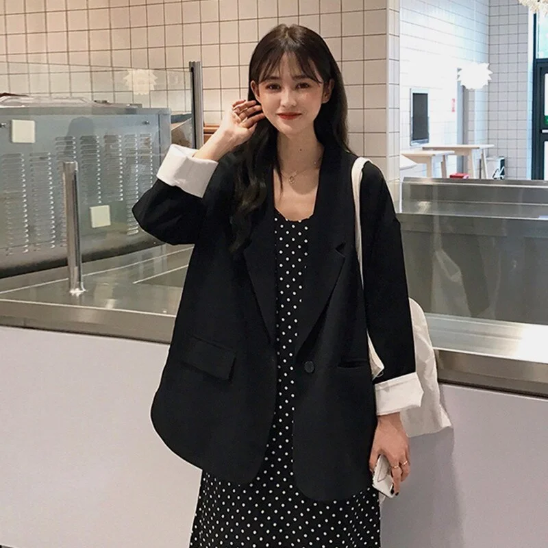 2022 Spring Summer Blazers Korean Chic Casual small Suit Women Loose black long-sleeved Suit Jacket g Wool Jacket Cashmere Jacket Tweed Jacket 2022 Spring Summer Blazers Korean Chic Casual small Suit Women Loose black long-sleeved Suit Jacket g Wool Jacket Cashmere Jacket Tweed Jacket