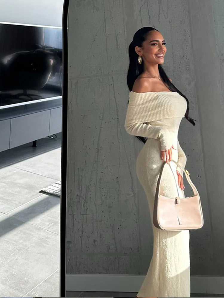 Advbridge 2024 Fashion Off Shoulder Maxi Knitted Dress Women's Elegant White Long Sleeved Skinny Robe Female Chic Autumn New Party Dresses Tunics Top Casual Advbridge 2024 Fashion Off Shoulder Maxi Knitted Dress Women's Elegant White Long Sleeved Skinny Robe Female Chic Autumn New Party Dresses Tunics Top Casual