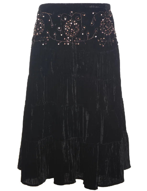 Velvet Black Midi Skirt - S lace skirt romantic