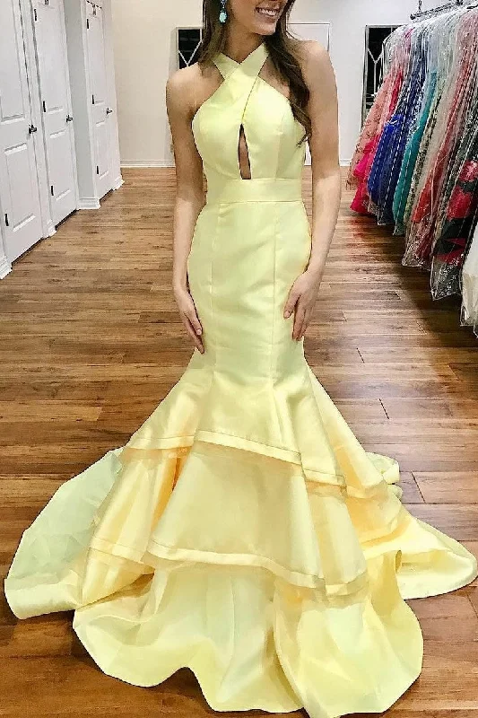 Light Yellow Satin Mermaid Evening Gowns with Tiered Skirt cashmere skirt fine