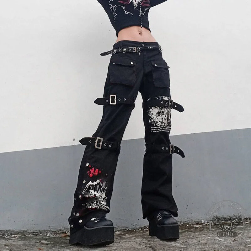 Buckle Strap Printed Cotton Cargo Pants Fashionable Sporty Pants