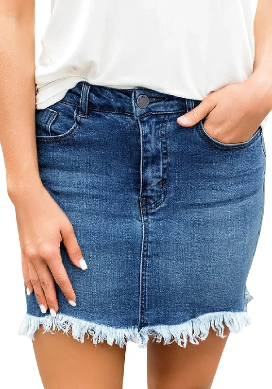 Dark Blue Frayed Hem Washed Denim Mini Skirt denim skirt trendy