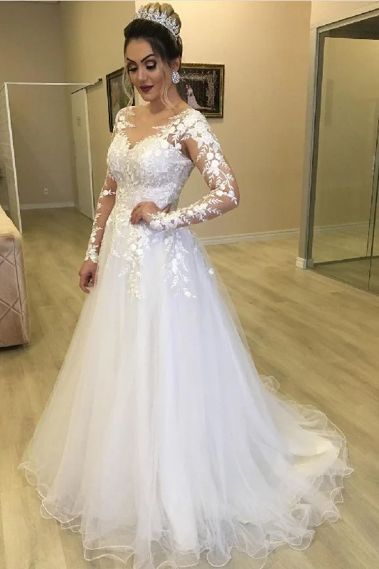 Floral Lace Long Sleeves Bride Gown with Tulle Skirt tiered skirt playful