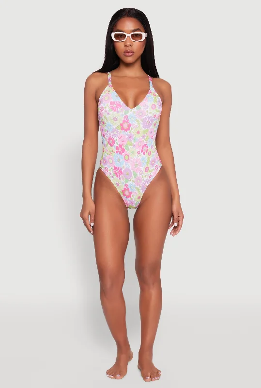 Retro Floral Print One Piece Swimsuit Strapless Swimsuit Top