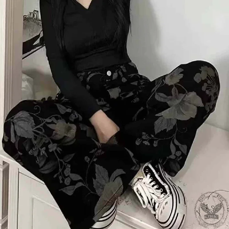 Vintage Flower High Waist Straight Wide Leg Pants Comfy High-Waist Jeans