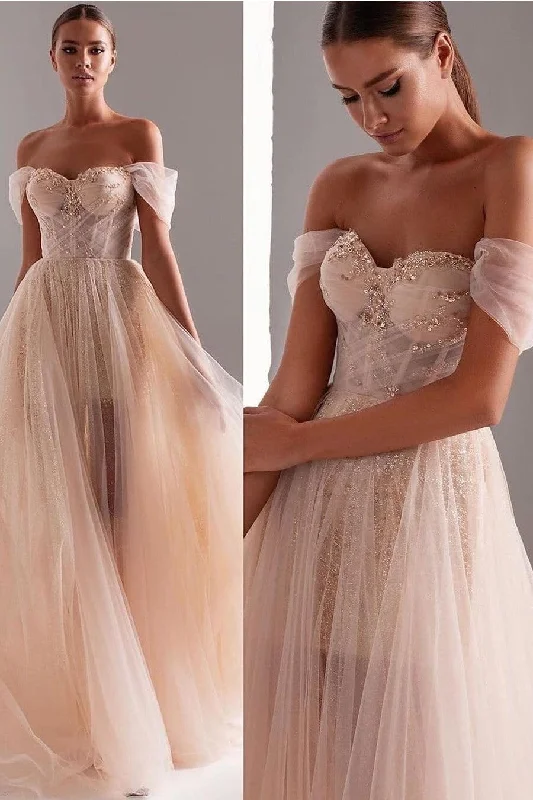 Off-the-shoulder Tulle Blush Prom Gown with Sequin Beads Skirt patchwork skirt art